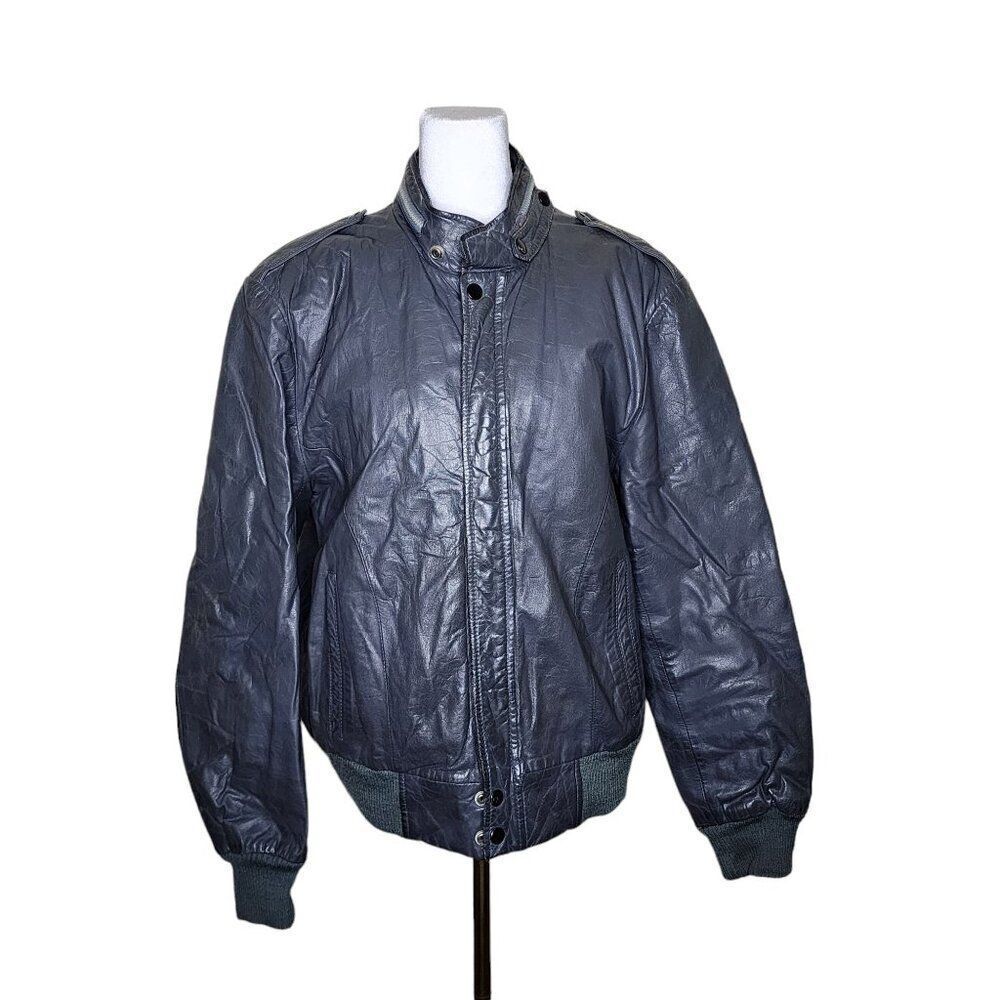 Vintage 80s Cafe Racer Leather Bomber Jacket Mens Size M Gray